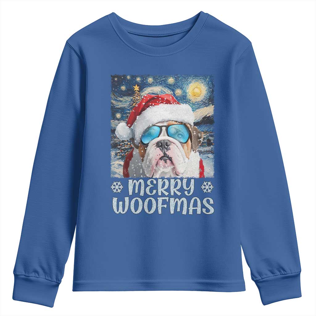 Funny Xmas Bulldog Youth Sweatshirt Merry Woofmas Christmas Starry Night Dog Lover TS09 Royal Blue Print Your Wear