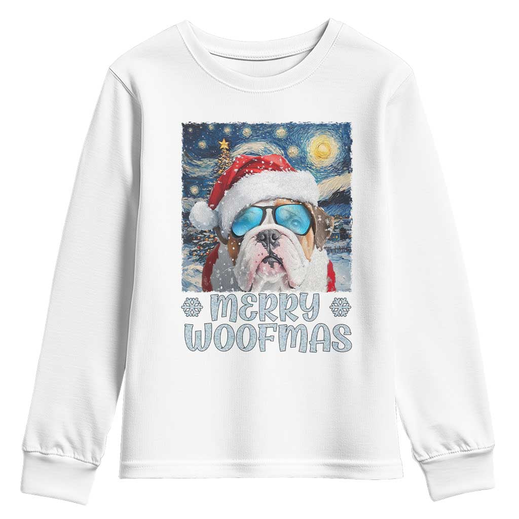Funny Xmas Bulldog Youth Sweatshirt Merry Woofmas Christmas Starry Night Dog Lover TS09 White Print Your Wear