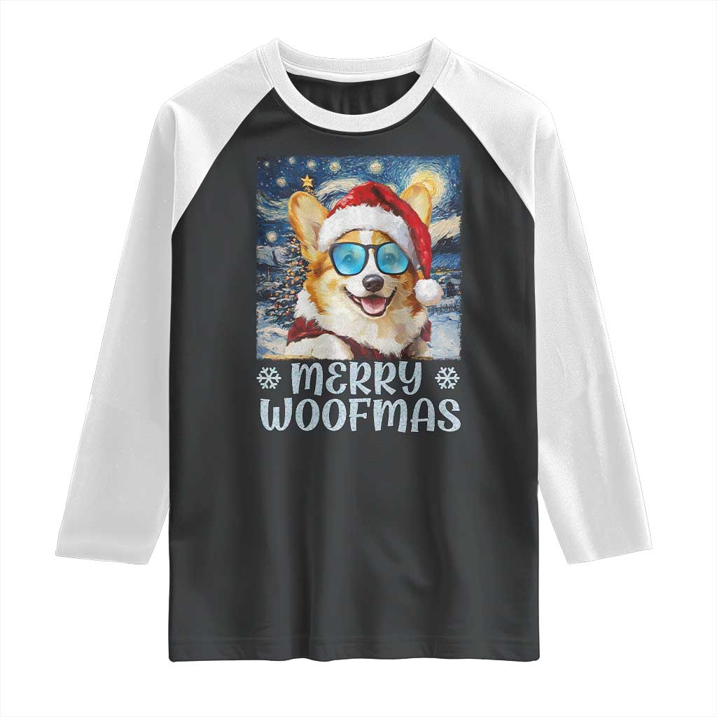 Funny Xmas Corgi Raglan Shirt Merry Woofmas Christmas Starry Night Dog Lover TS09 Black White Print Your Wear