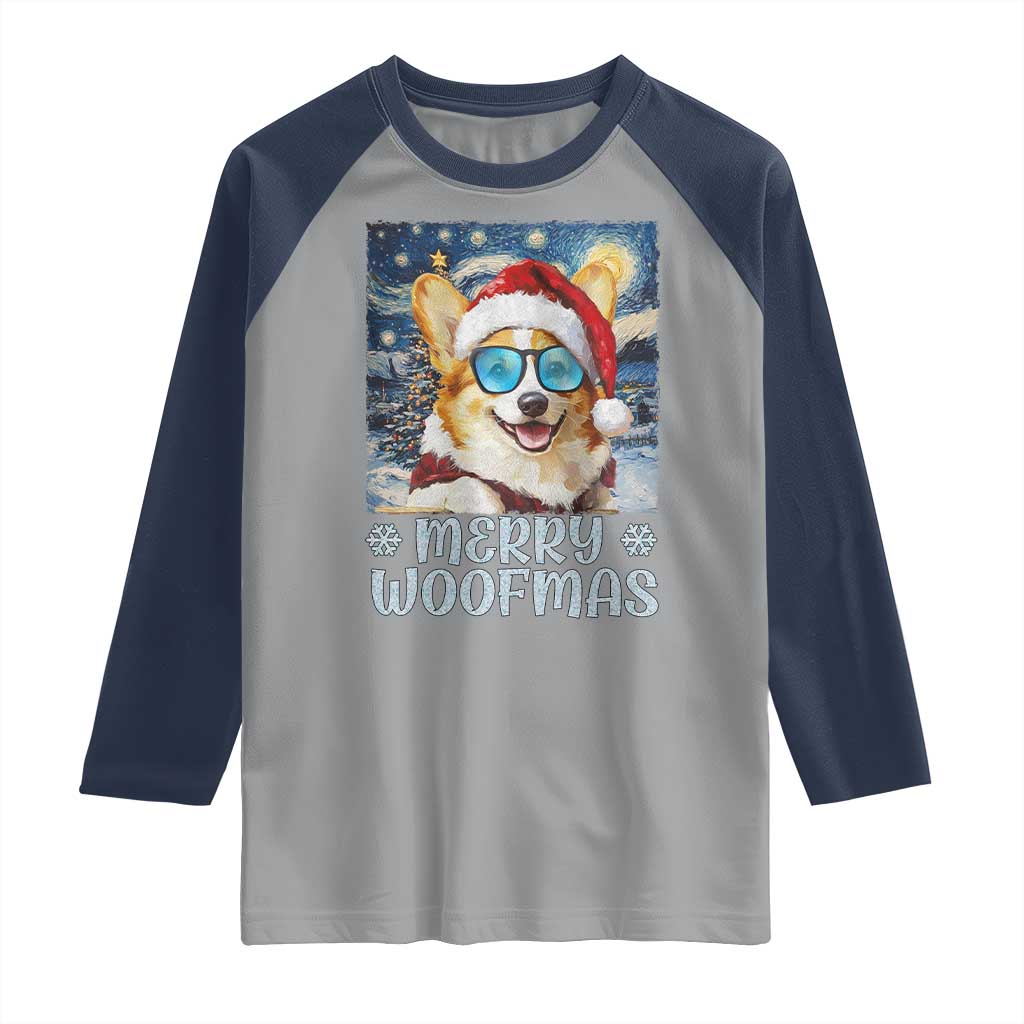 Funny Xmas Corgi Raglan Shirt Merry Woofmas Christmas Starry Night Dog Lover TS09 Sport Gray Navy Print Your Wear