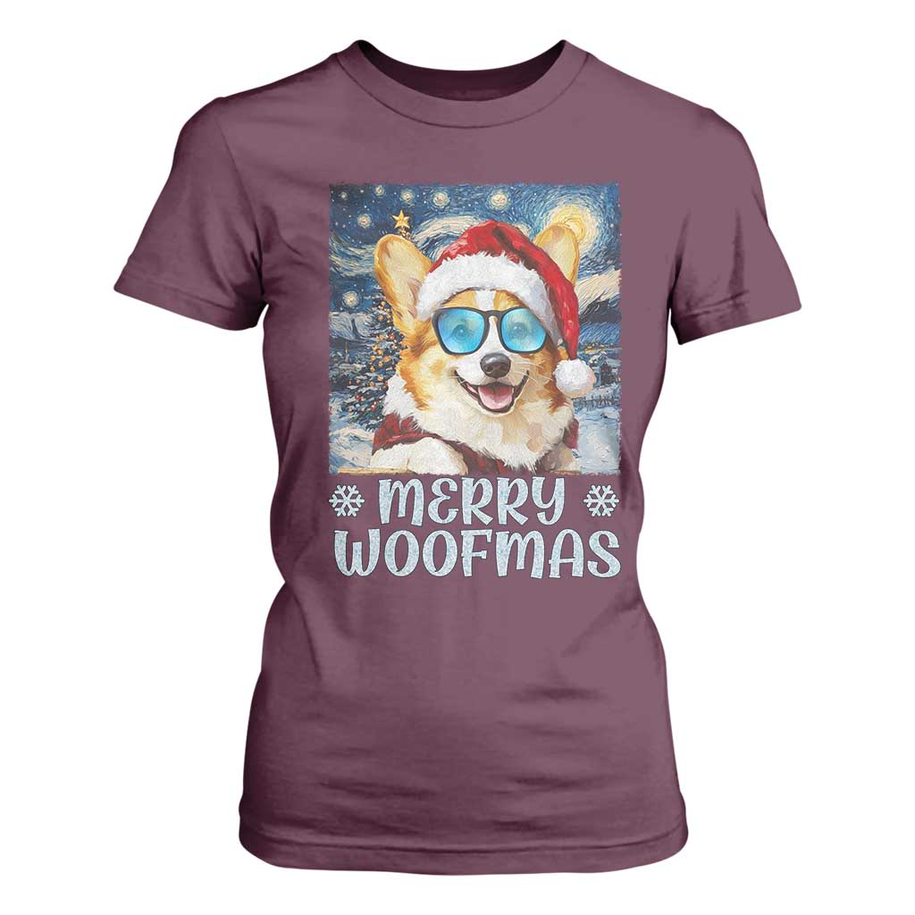 Funny Xmas Corgi T Shirt For Women Merry Woofmas Christmas Starry Night Dog Lover TS09 Maroon Print Your Wear