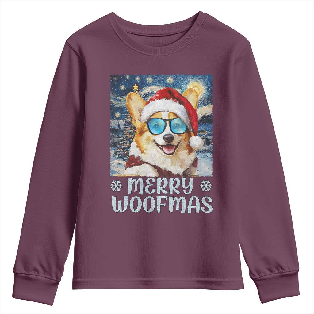 Funny Xmas Corgi Youth Sweatshirt Merry Woofmas Christmas Starry Night Dog Lover TS09 Maroon Print Your Wear