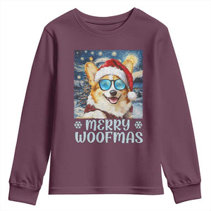 Funny Xmas Corgi Youth Sweatshirt Merry Woofmas Christmas Starry Night Dog Lover TS09 Maroon Print Your Wear