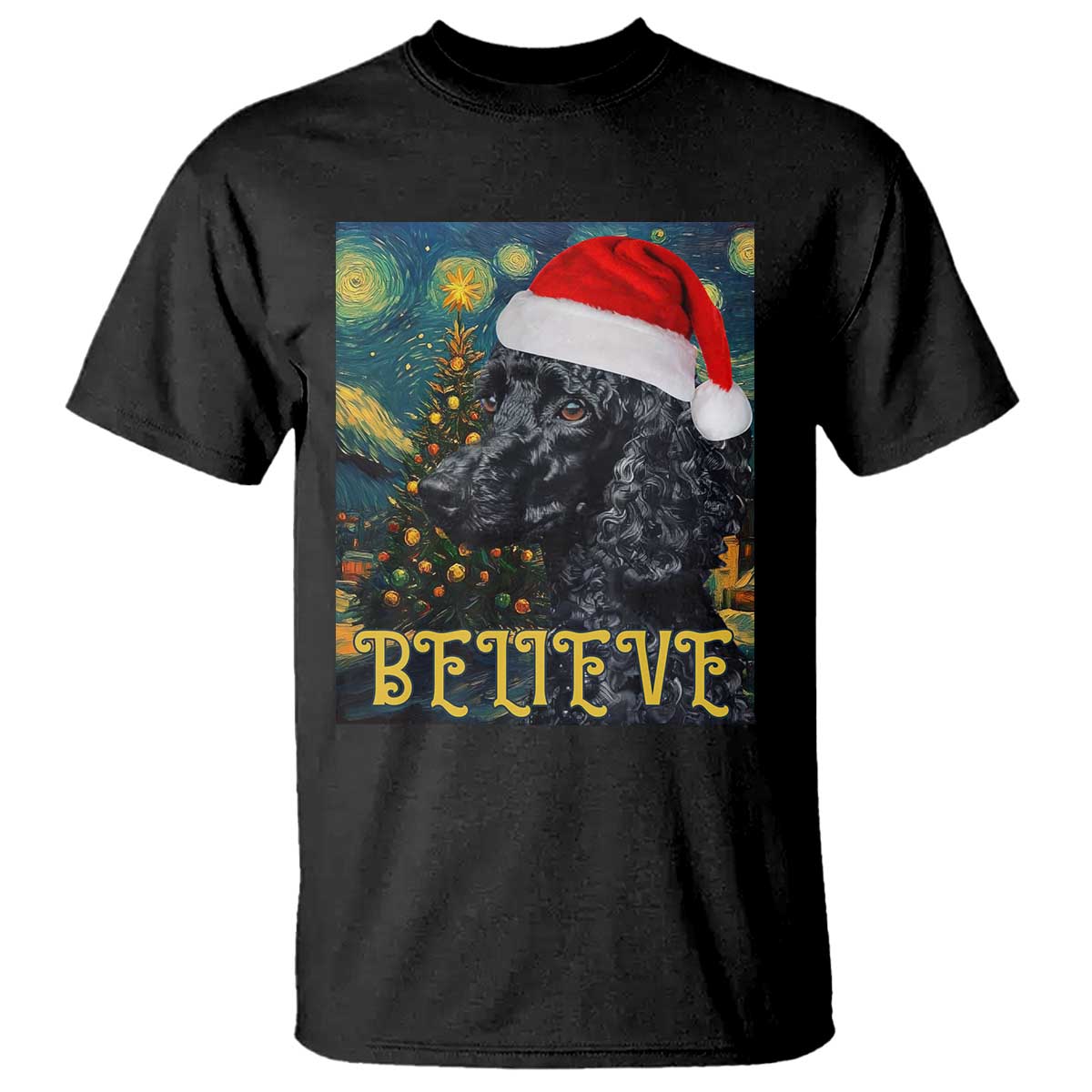 Funny Xmas Poodle T Shirt Believe Christmas Starry Night Dog Lover TS09 Black Print Your Wear