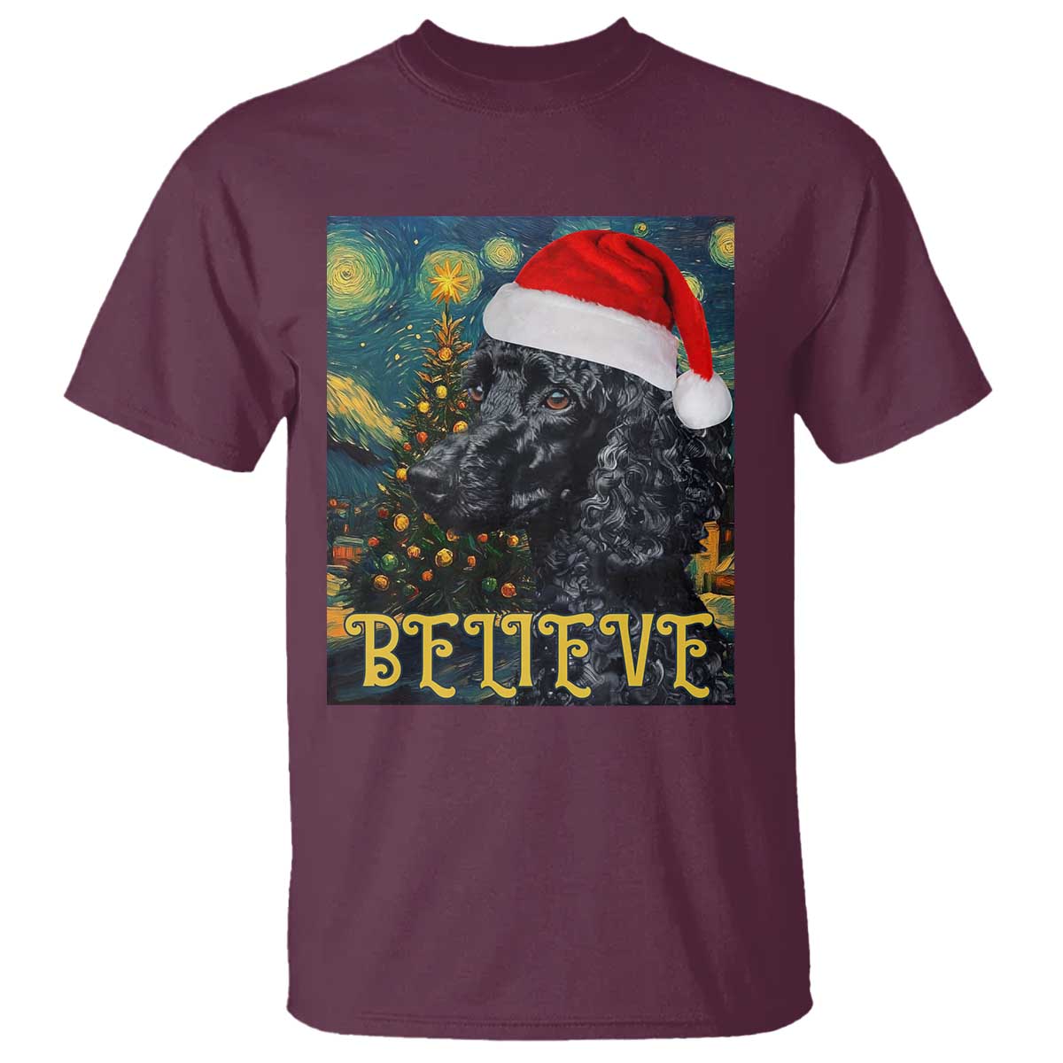 Funny Xmas Poodle T Shirt Believe Christmas Starry Night Dog Lover TS09 Maroon Print Your Wear