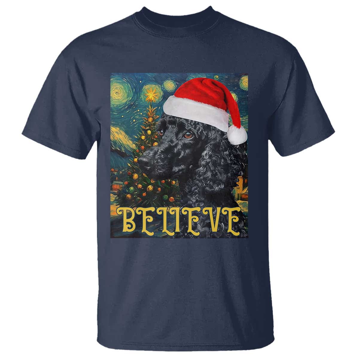 Funny Xmas Poodle T Shirt Believe Christmas Starry Night Dog Lover TS09 Navy Print Your Wear