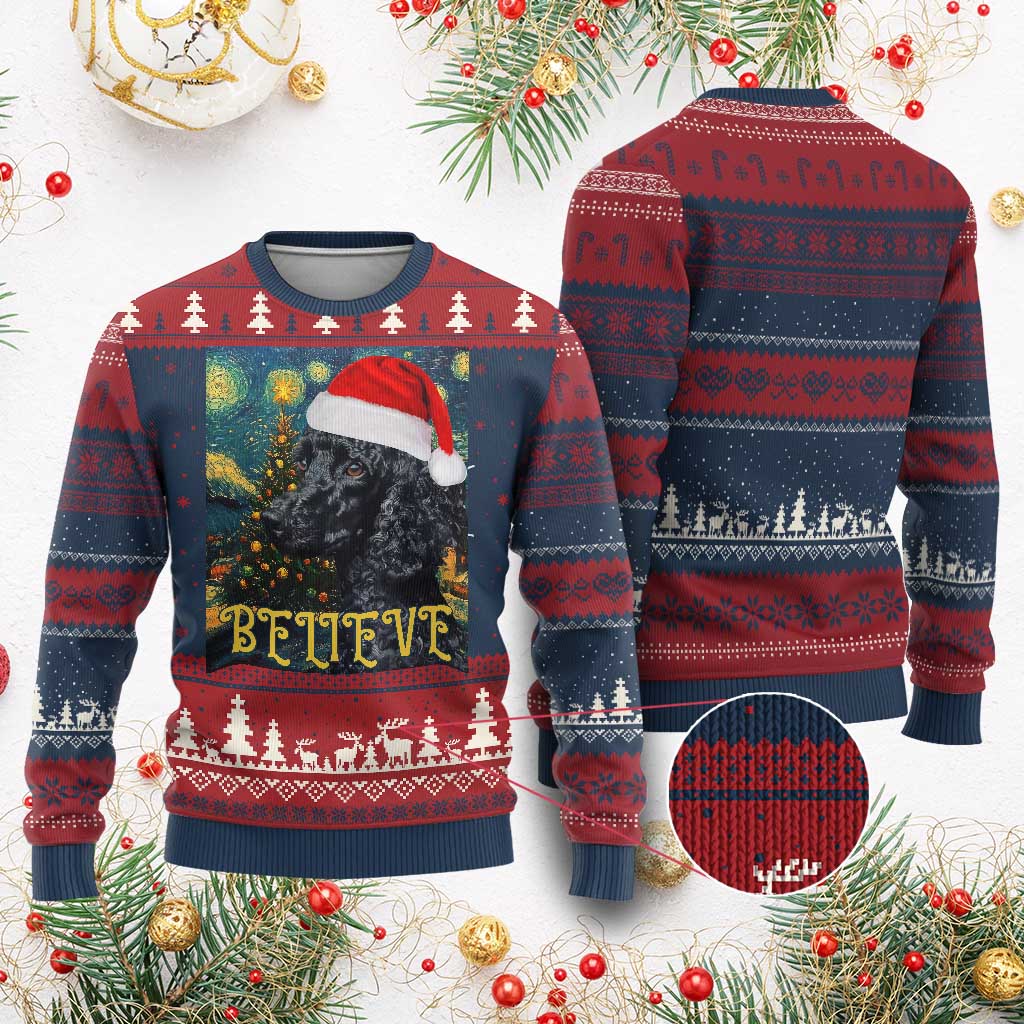 Funny Xmas Poodle Ugly Christmas Sweater Believe Christmas Starry Night Dog Lover TS09 Burgundy Print Your Wear