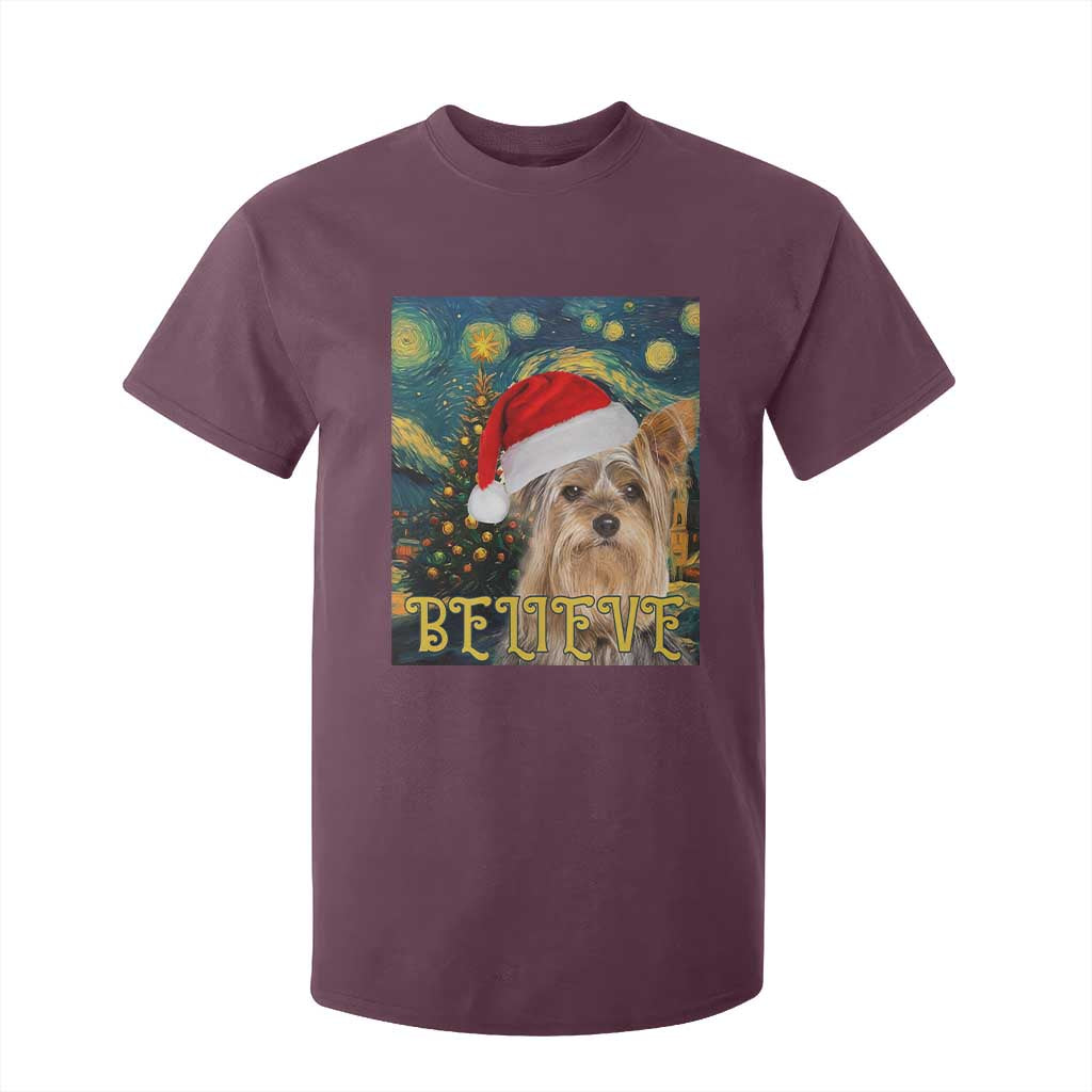 Funny Xmas Yorkshire T Shirt For Kid Believe Christmas Starry Night Dog Lover TS09 Maroon Print Your Wear