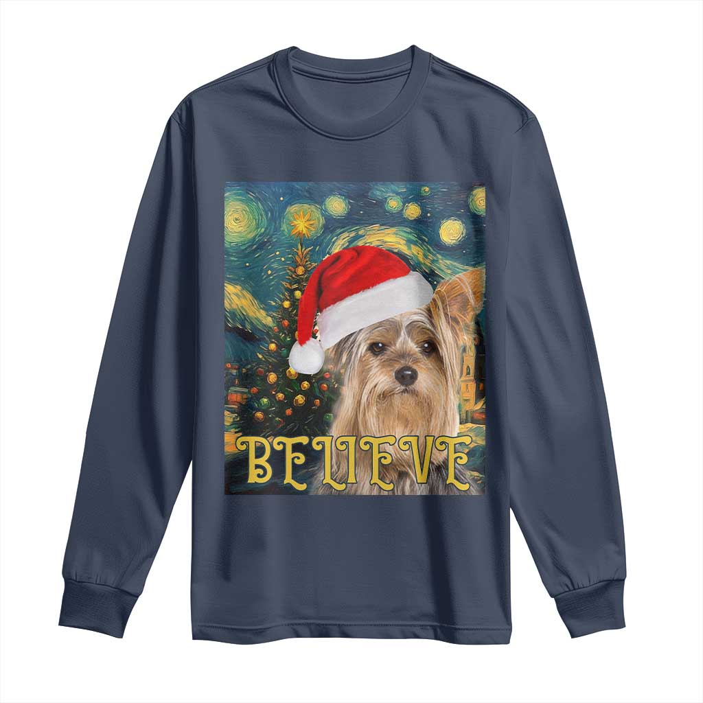 Funny Xmas Yorkshire Long Sleeve Shirt Believe Christmas Starry Night Dog Lover TS09 Navy Print Your Wear