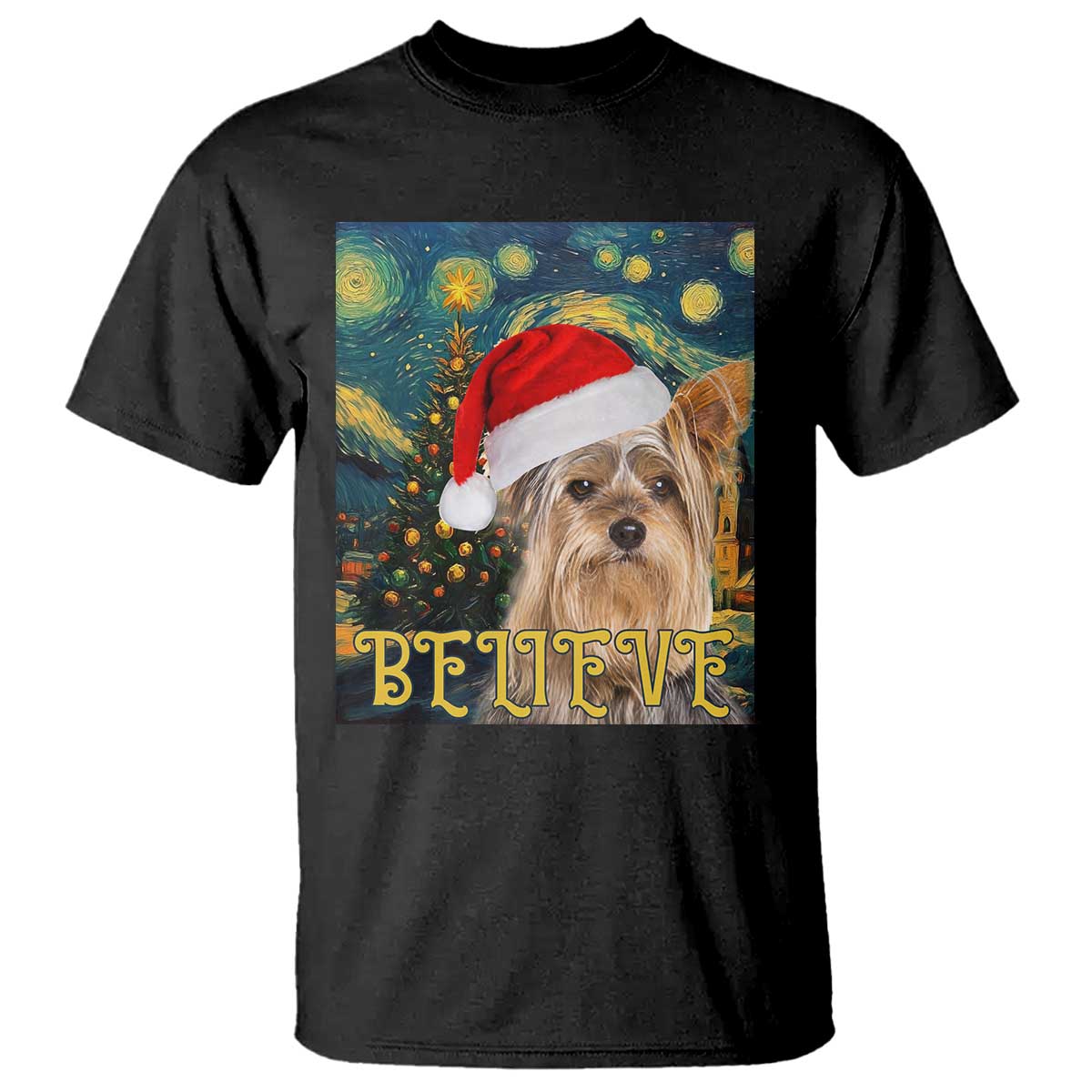Funny Xmas Yorkshire T Shirt Believe Christmas Starry Night Dog Lover TS09 Black Print Your Wear