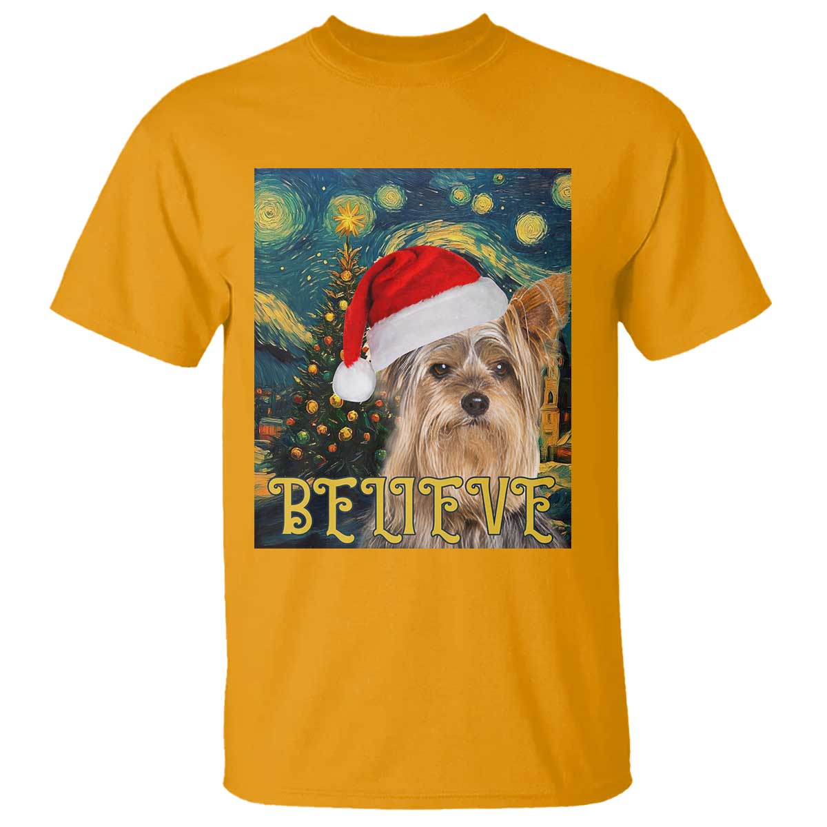 Funny Xmas Yorkshire T Shirt Believe Christmas Starry Night Dog Lover TS09 Gold Print Your Wear