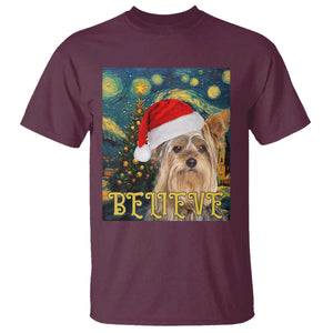Funny Xmas Yorkshire T Shirt Believe Christmas Starry Night Dog Lover TS09 Maroon Print Your Wear