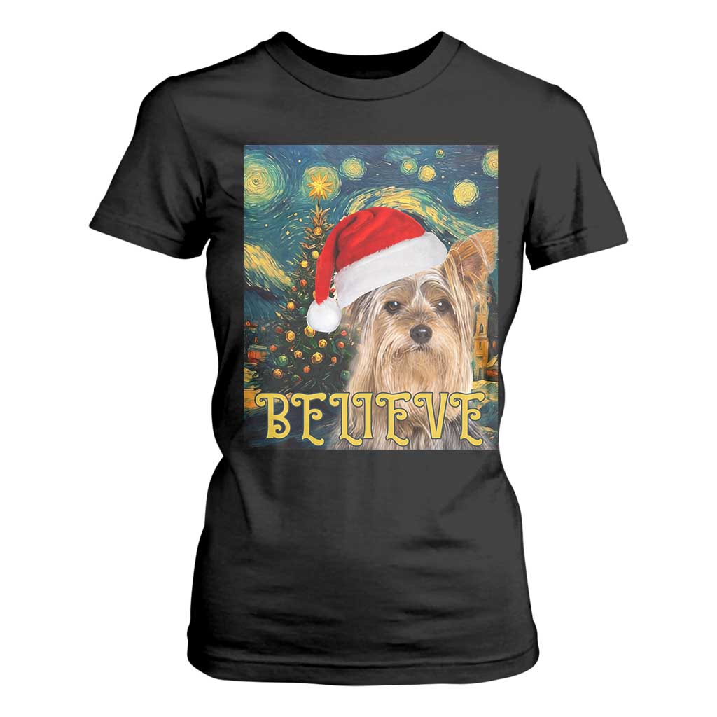 Funny Xmas Yorkshire T Shirt For Women Believe Christmas Starry Night Dog Lover TS09 Black Print Your Wear