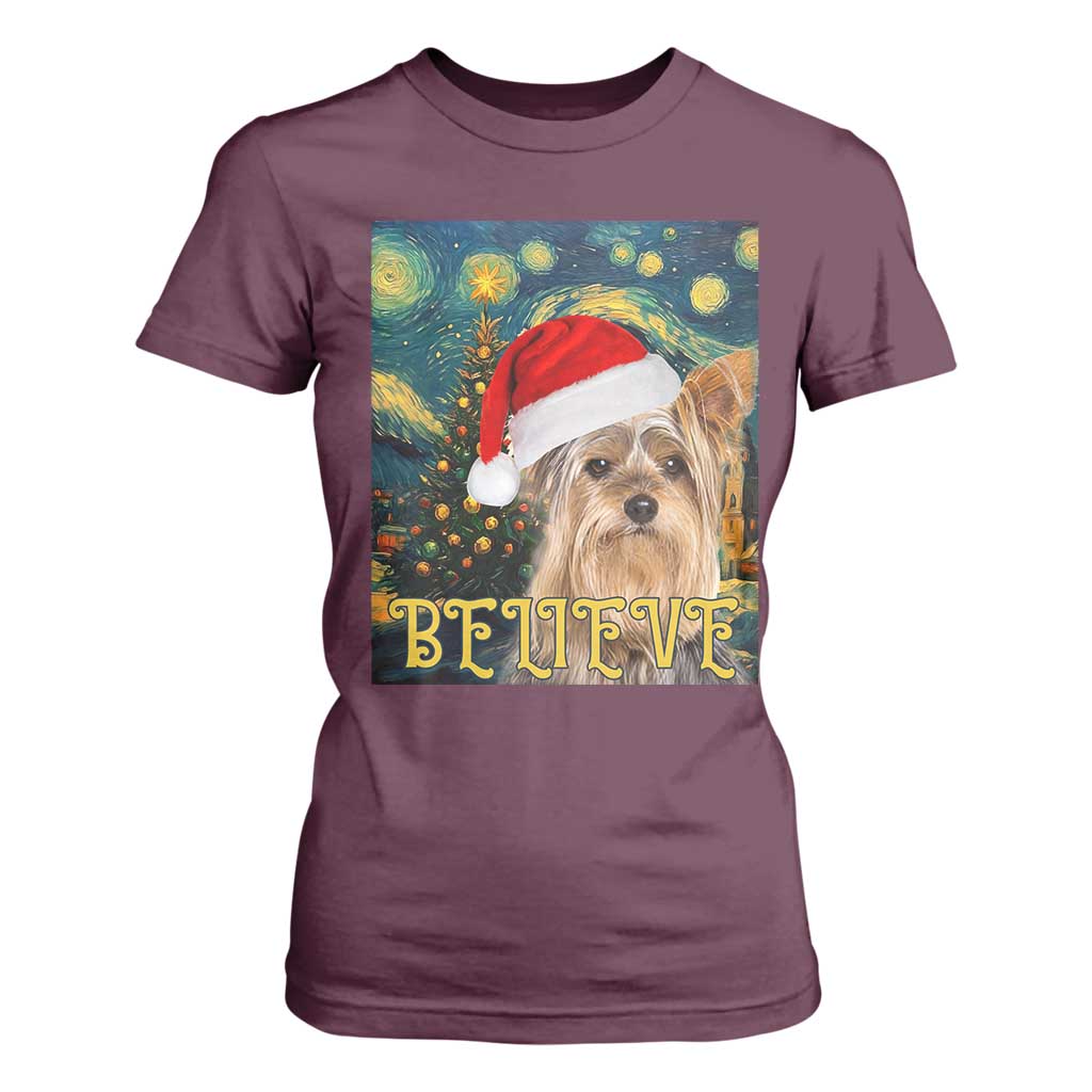 Funny Xmas Yorkshire T Shirt For Women Believe Christmas Starry Night Dog Lover TS09 Maroon Print Your Wear