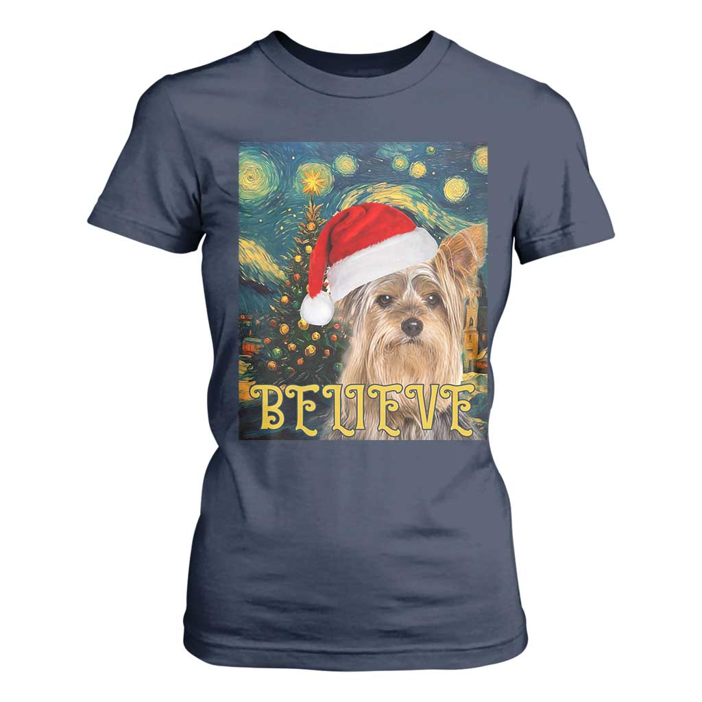Funny Xmas Yorkshire T Shirt For Women Believe Christmas Starry Night Dog Lover TS09 Navy Print Your Wear