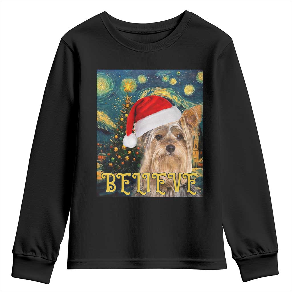 Funny Xmas Yorkshire Youth Sweatshirt Believe Christmas Starry Night Dog Lover TS09 Black Print Your Wear