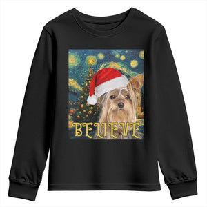 Funny Xmas Yorkshire Youth Sweatshirt Believe Christmas Starry Night Dog Lover TS09 Black Print Your Wear