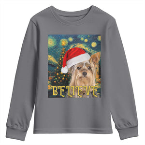 Funny Xmas Yorkshire Youth Sweatshirt Believe Christmas Starry Night Dog Lover TS09 Charcoal Print Your Wear