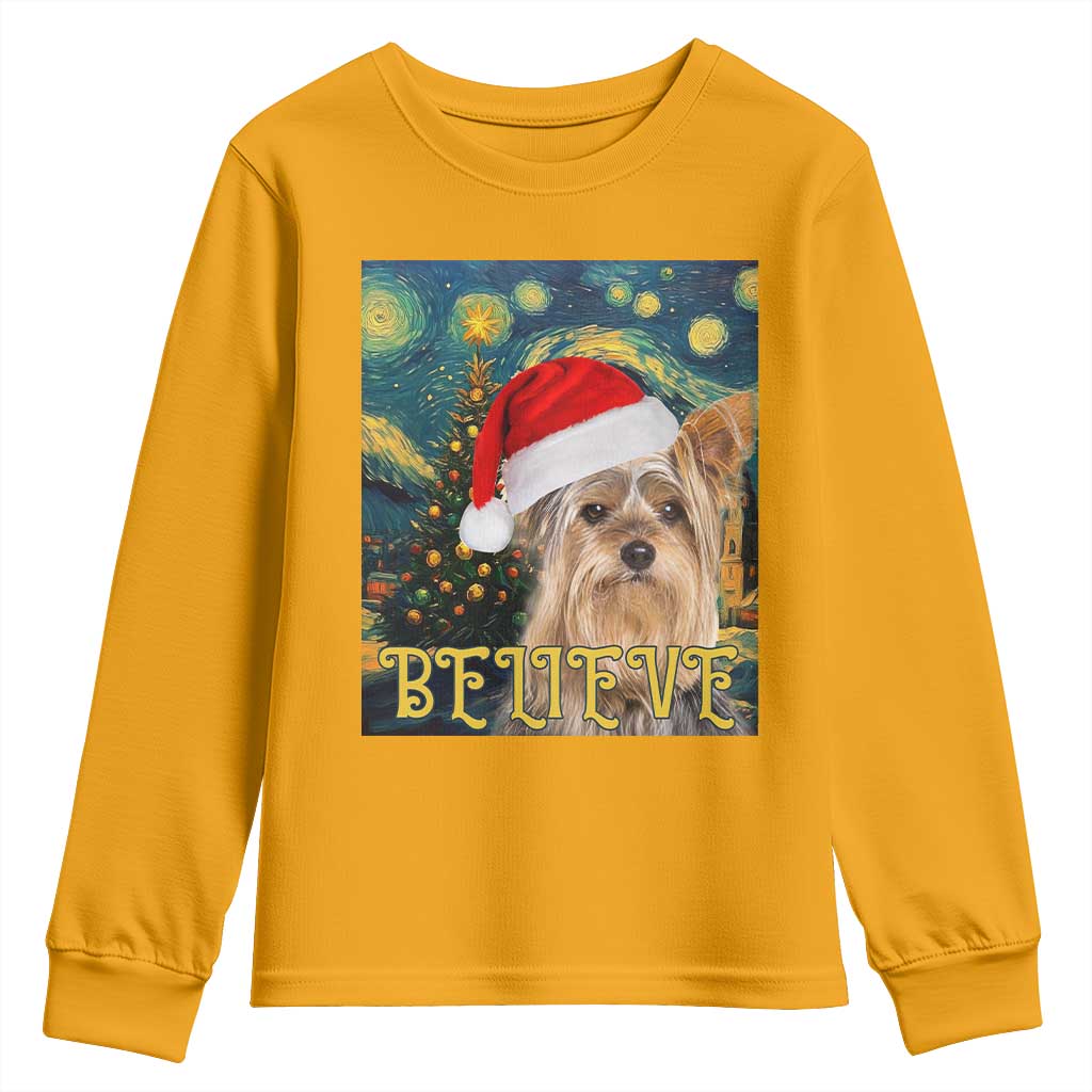 Funny Xmas Yorkshire Youth Sweatshirt Believe Christmas Starry Night Dog Lover TS09 Gold Print Your Wear