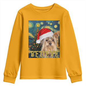 Funny Xmas Yorkshire Youth Sweatshirt Believe Christmas Starry Night Dog Lover TS09 Gold Print Your Wear