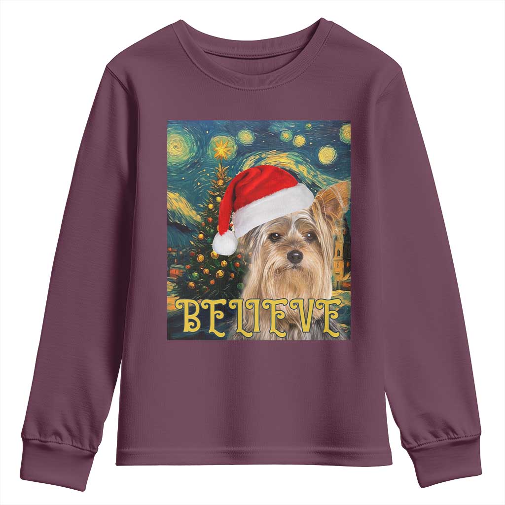 Funny Xmas Yorkshire Youth Sweatshirt Believe Christmas Starry Night Dog Lover TS09 Maroon Print Your Wear