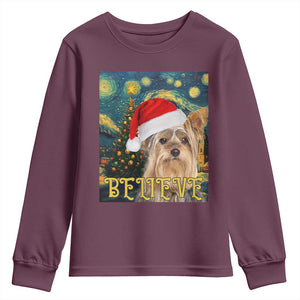 Funny Xmas Yorkshire Youth Sweatshirt Believe Christmas Starry Night Dog Lover TS09 Maroon Print Your Wear