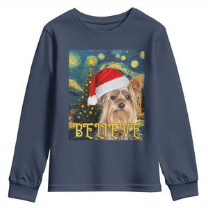 Funny Xmas Yorkshire Youth Sweatshirt Believe Christmas Starry Night Dog Lover TS09 Navy Print Your Wear
