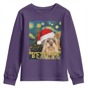 Funny Xmas Yorkshire Youth Sweatshirt Believe Christmas Starry Night Dog Lover TS09 Purple Print Your Wear