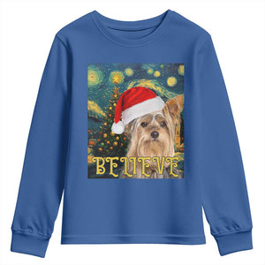 Funny Xmas Yorkshire Youth Sweatshirt Believe Christmas Starry Night Dog Lover TS09 Royal Blue Print Your Wear