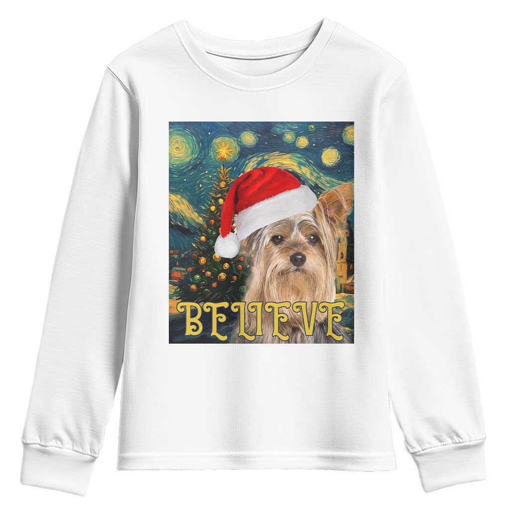 Funny Xmas Yorkshire Youth Sweatshirt Believe Christmas Starry Night Dog Lover TS09 White Print Your Wear