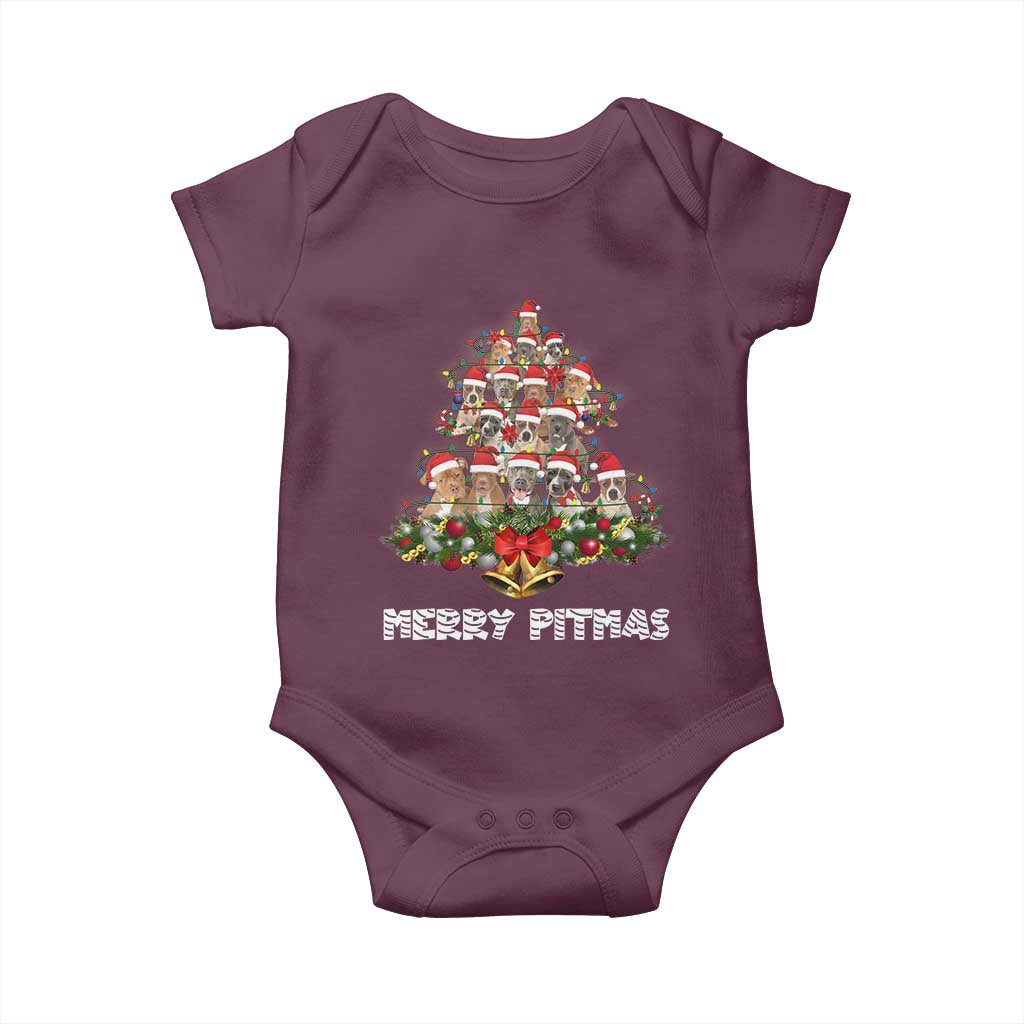 Funny Xmas Pitbull Baby Onesie Merry Pitmas Christmas Tree Dog Lover TS09 Maroon Print Your Wear