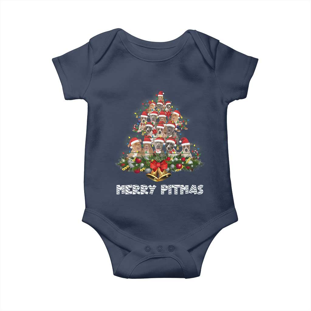 Funny Xmas Pitbull Baby Onesie Merry Pitmas Christmas Tree Dog Lover TS09 Navy Print Your Wear