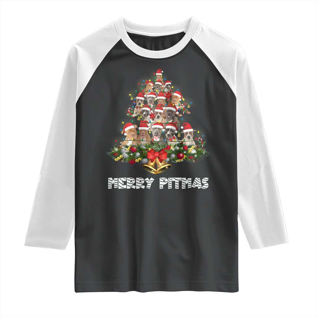 Funny Xmas Pitbull Raglan Shirt Merry Pitmas Christmas Tree Dog Lover TS09 Black White Print Your Wear