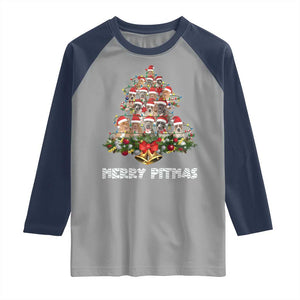 Funny Xmas Pitbull Raglan Shirt Merry Pitmas Christmas Tree Dog Lover TS09 Sport Gray Navy Print Your Wear