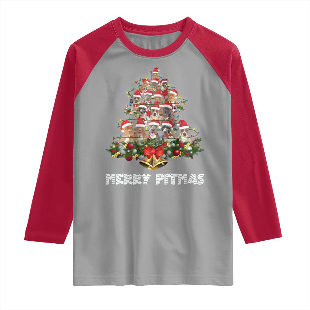 Funny Xmas Pitbull Raglan Shirt Merry Pitmas Christmas Tree Dog Lover TS09 Sport Gray Red Print Your Wear