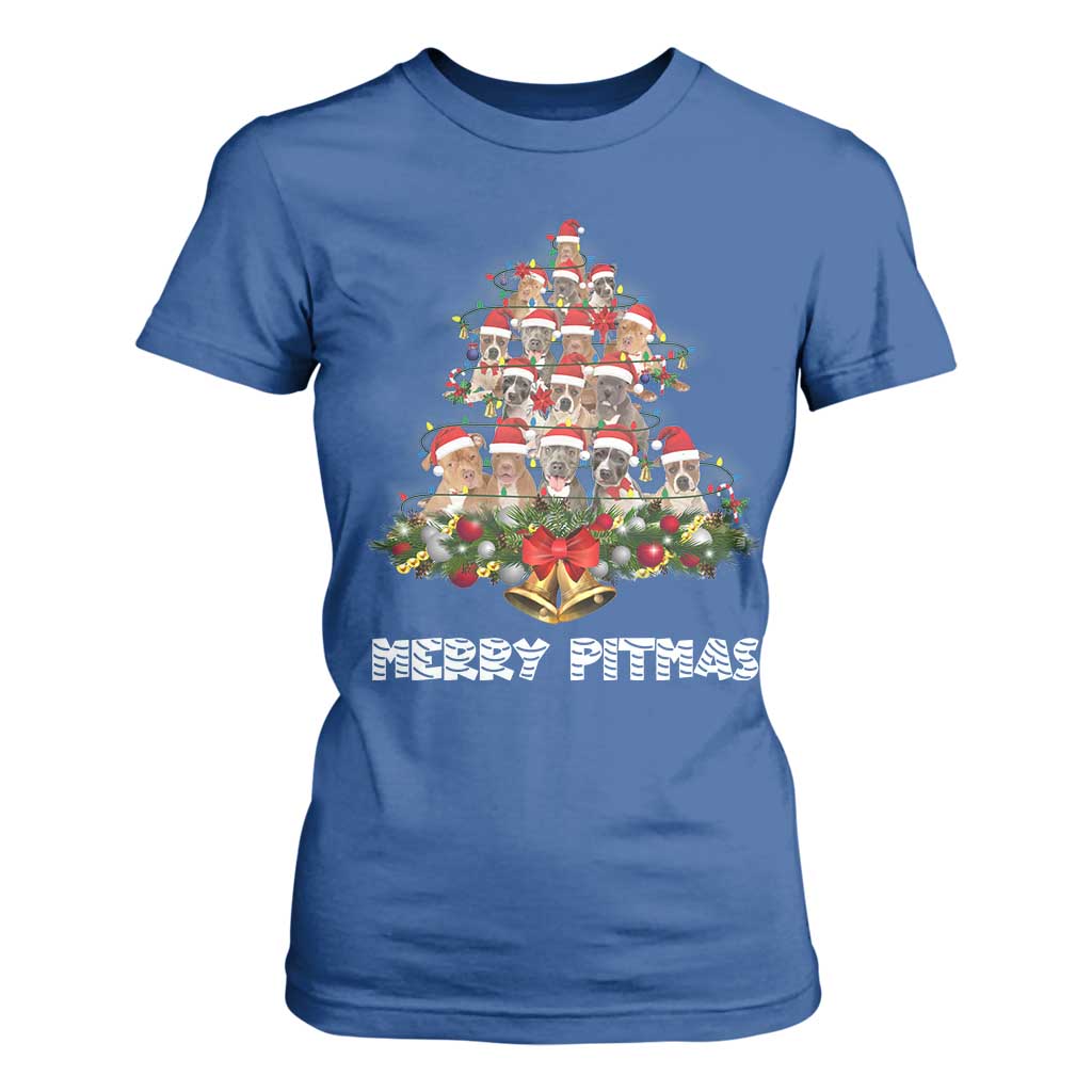 Funny Xmas Pitbull T Shirt For Women Merry Pitmas Christmas Tree Dog Lover TS09 Royal Blue Print Your Wear