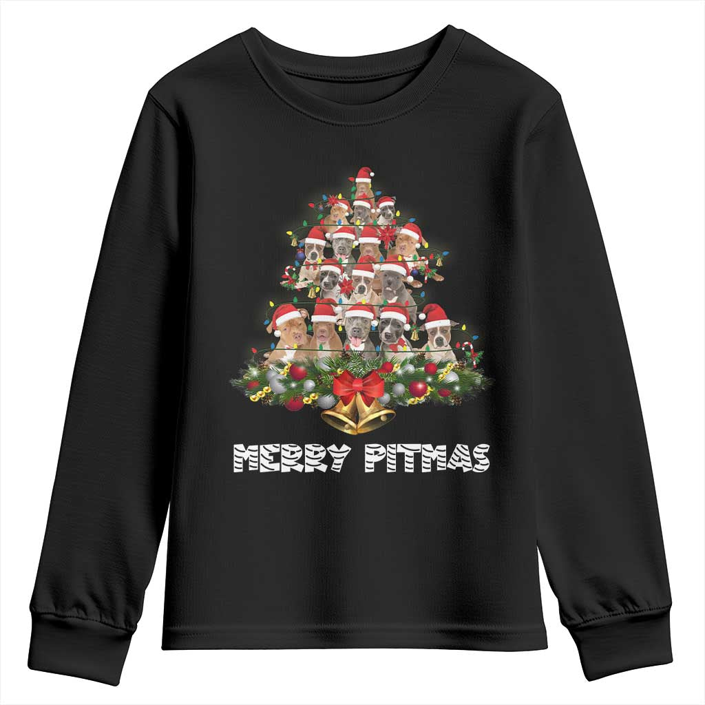 Funny Xmas Pitbull Youth Sweatshirt Merry Pitmas Christmas Tree Dog Lover TS09 Black Print Your Wear
