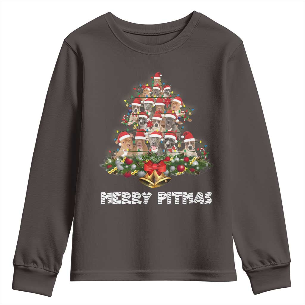 Funny Xmas Pitbull Youth Sweatshirt Merry Pitmas Christmas Tree Dog Lover TS09 Dark Chocolate Print Your Wear