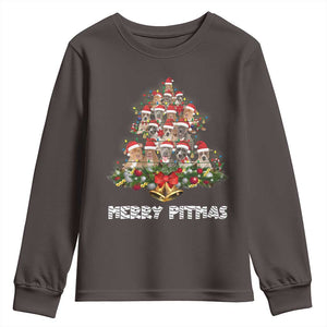 Funny Xmas Pitbull Youth Sweatshirt Merry Pitmas Christmas Tree Dog Lover TS09 Dark Chocolate Print Your Wear