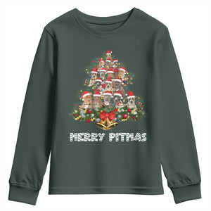 Funny Xmas Pitbull Youth Sweatshirt Merry Pitmas Christmas Tree Dog Lover TS09 Dark Forest Green Print Your Wear