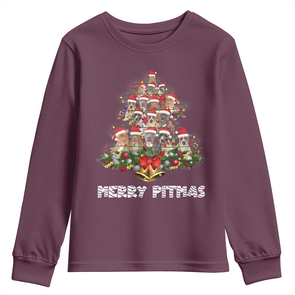 Funny Xmas Pitbull Youth Sweatshirt Merry Pitmas Christmas Tree Dog Lover TS09 Maroon Print Your Wear