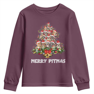 Funny Xmas Pitbull Youth Sweatshirt Merry Pitmas Christmas Tree Dog Lover TS09 Maroon Print Your Wear
