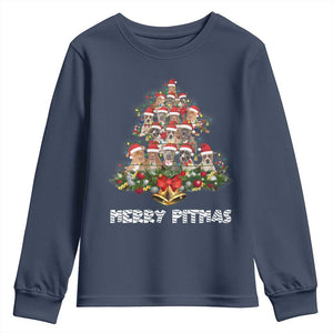 Funny Xmas Pitbull Youth Sweatshirt Merry Pitmas Christmas Tree Dog Lover TS09 Navy Print Your Wear