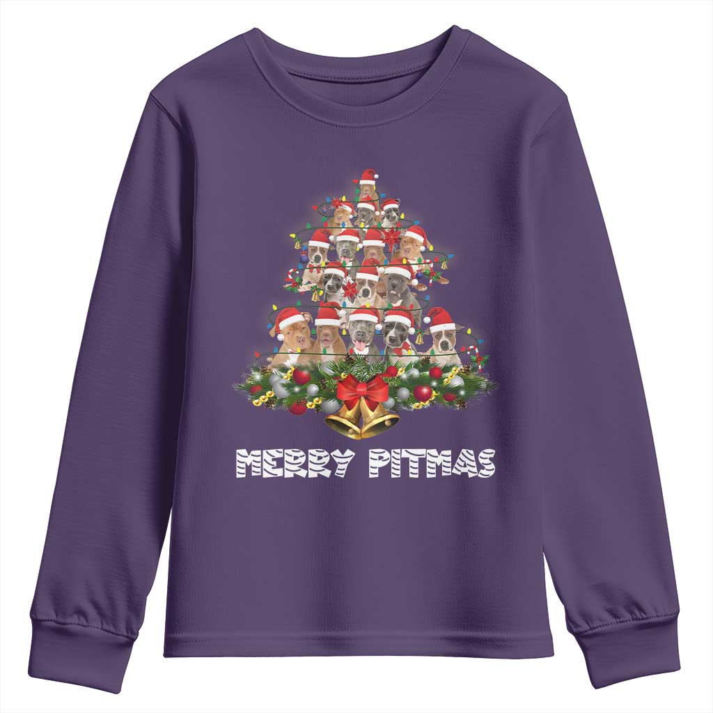 Funny Xmas Pitbull Youth Sweatshirt Merry Pitmas Christmas Tree Dog Lover TS09 Purple Print Your Wear