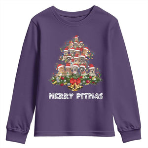 Funny Xmas Pitbull Youth Sweatshirt Merry Pitmas Christmas Tree Dog Lover TS09 Purple Print Your Wear