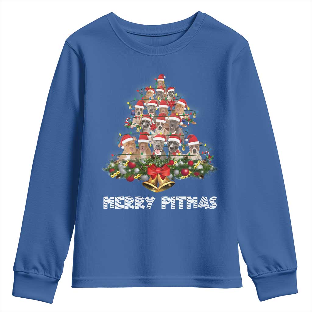 Funny Xmas Pitbull Youth Sweatshirt Merry Pitmas Christmas Tree Dog Lover TS09 Royal Blue Print Your Wear