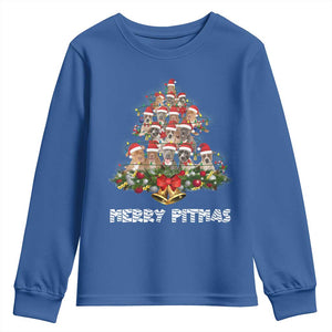 Funny Xmas Pitbull Youth Sweatshirt Merry Pitmas Christmas Tree Dog Lover TS09 Royal Blue Print Your Wear