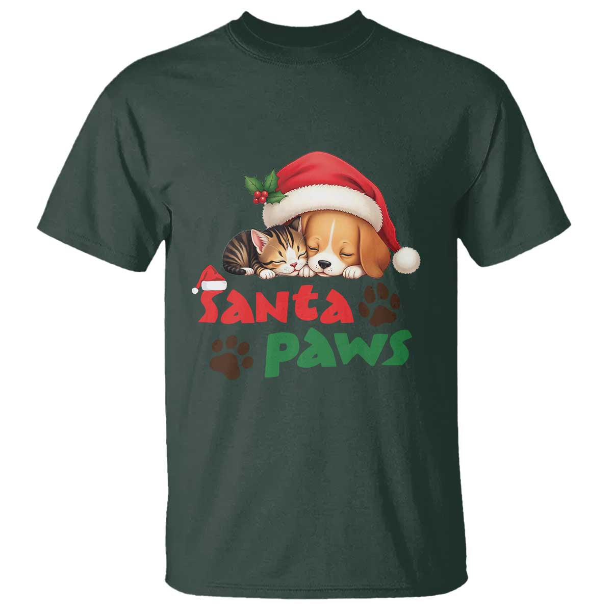 Funny Christmas Santa Paws Dogs And Cats T Shirt TS09 Dark Forest Green Print Your Wear
