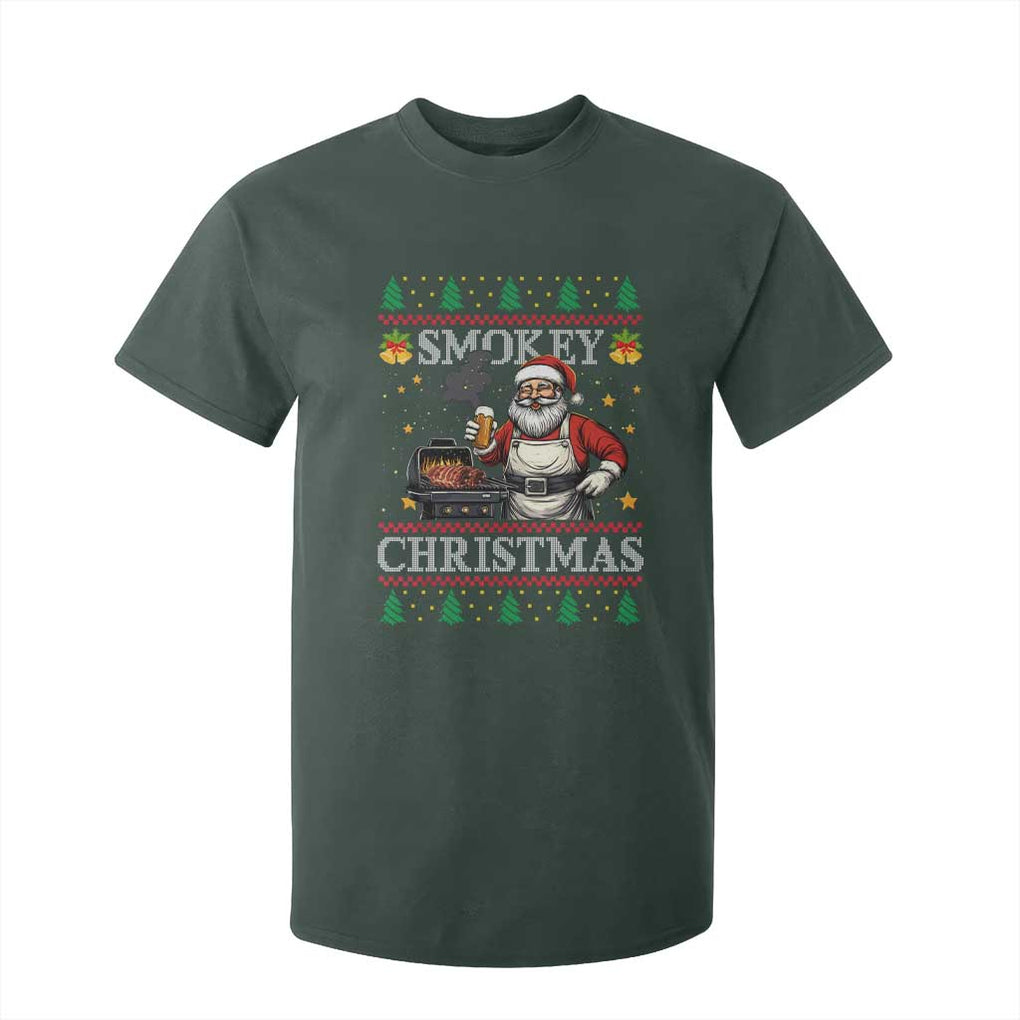 Funny Xmas Grilling T Shirt For Kid Smokey Christmas BBQ Santa Grill Roast On Smoker TS09 Dark Forest Green Print Your Wear