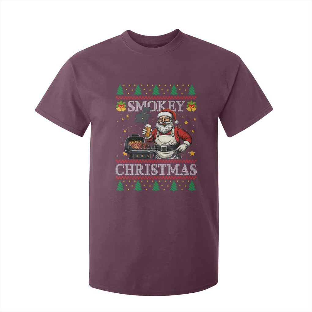 Funny Xmas Grilling T Shirt For Kid Smokey Christmas BBQ Santa Grill Roast On Smoker TS09 Maroon Print Your Wear